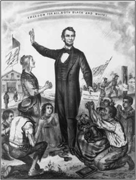 An 1860s political cartoon depicting Abraham Lincoln addressing a group of people, including both Black and white individuals, with a banner stating 'Freedom for all, both Black and White.'
