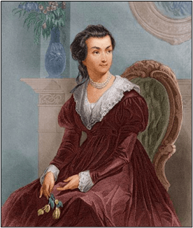 A portrait of a woman seated in an ornate chair, wearing a burgundy dress with a white lace collar, holding a bouquet of flowers, against a backdrop with decorative elements.