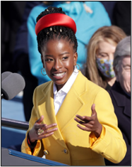 Amanda Gorman delivers a poem during the inauguration of President Joe Biden, wearing a yellow coat and red headband, with an audience in the background.